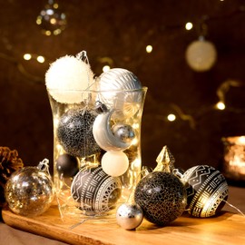 DecorbyHannah 50ct Christmas Ball Ornaments Set,Mini Vintage Shatterproof Black White Christmas Tree Ornaments Decorative Hanging Baubles for Small Xmas Tree, Party,Home Decor