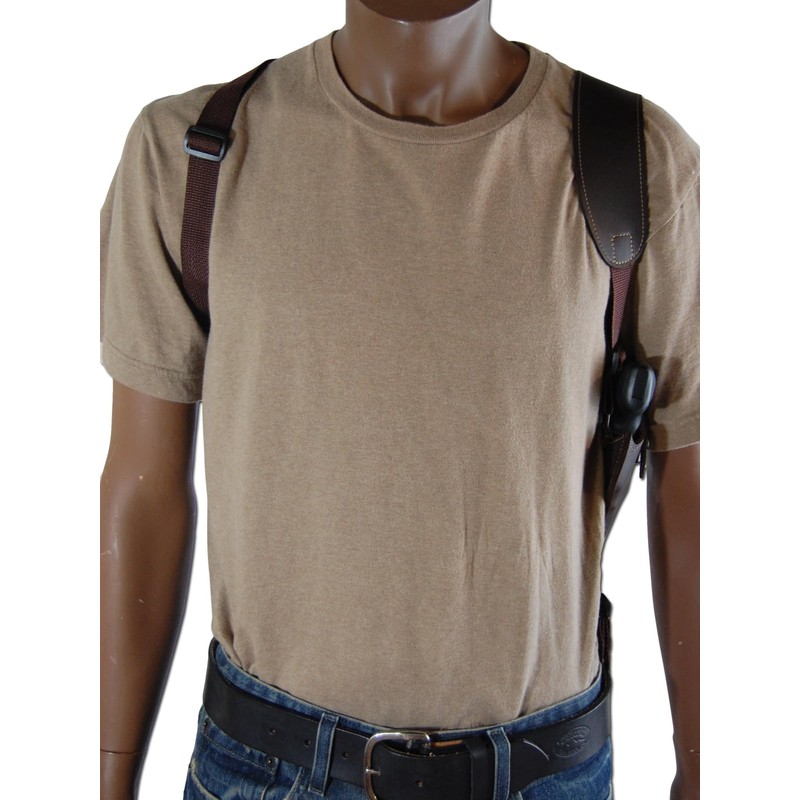 Barsony Brown Leather Vertical Cross Harness Shoulder Holster for Charter