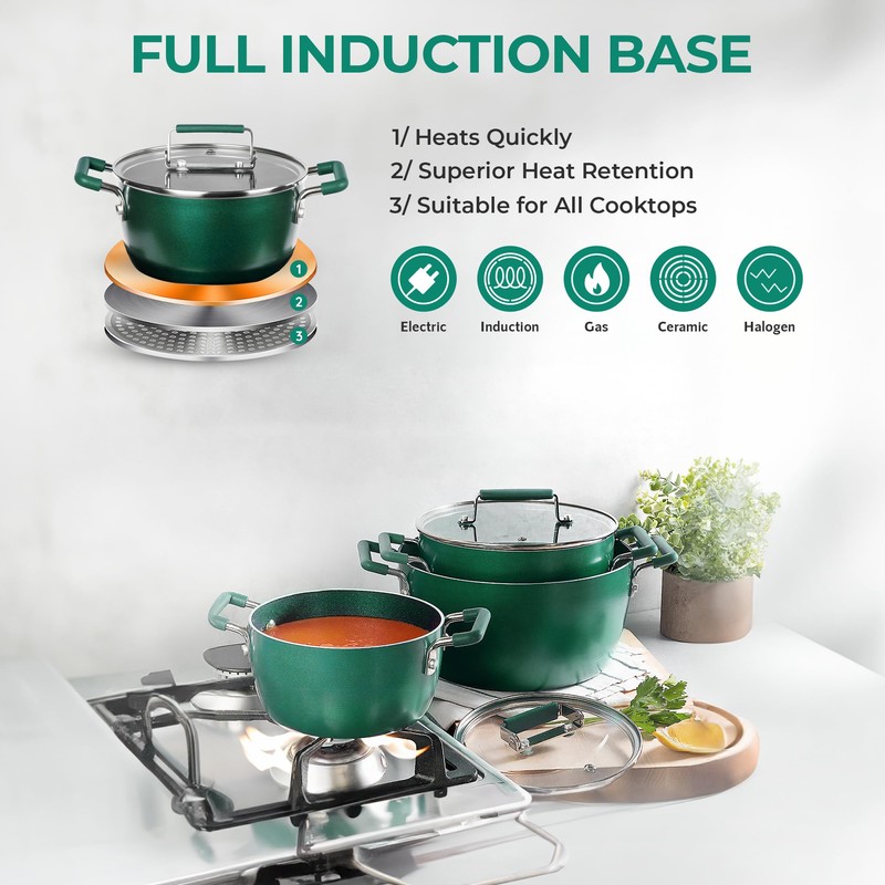 Granitestone Green Pots and Pans Set Nonstick, 6 Stackable Piece