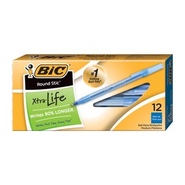 BIC Round Stic Extra Life Ballpoint Pen, Medium Point (1.0mm), Blue, For Smooth & Comfortable Writing, 12-Count