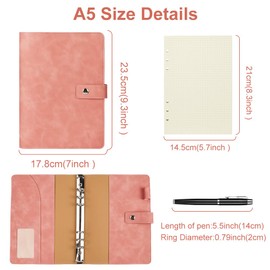 ANOMM A5 Ring Binder Notebook PU Leather Diary, Refillable Notebook with A5 Dot Grid Paper & Inner Pockets & Index Divider, Spiral Journal Binder for Travel Work School and Personal Organizer-Pink