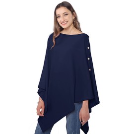 DiaryLook Cashmere Feeling Knitted Poncho Women's Elegant Long Cape Women's Poncho for Women Soft Buttons Lightweight Wrap Scarf Cardigan for Spring Summer Winter Gift for Women, Blue 01
