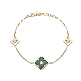 Lavari Jewelers Malachite and Cubic Zirconia Flower Bracelet for Women in 925 Sterling Silver with Yellow Gold Plating 7 to 8 Inches Adjustable Lobster Claw