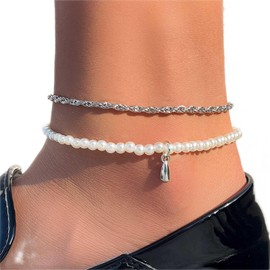 Inateannal Ankle Bracelets for Women Imitation Pearl Beaded Anklet Dainty Rope Chain Anklet Boho Beach Ankle Chain Foot Jewelry for Women Girls