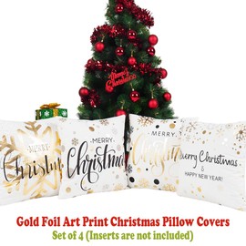 ONWAY Xmas Decoration Gold Snowflakes Merry Christmas Soft Velvet Throw Pillow Covers 18 x 18 (Set of 4, Gold Foil Xmas White)