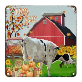 Give Thanks Thanksgiving Wall Decor Metal Sign Hello Fall Farm Sunflower Pumpkin Cow Metal Sign Autumn Retro Wall Decoration Plaques for Front Porch Kitchen Bedroom 12x12in Housewarming Gift