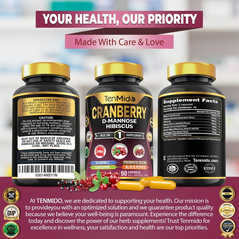 Tenmido Cranberry Supplements - 7in1 with Vitamin C, D-Mannose, Hibiscus,