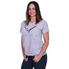 JH DESIGN GROUP Women's Chevy Corvette C7 Emblem T-Shirt Black Red Heather-Gray (US, Alpha, Large, Regular, Regular, Heather Gray - V-Neck)
