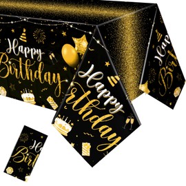Tudomro 3 Pcs Happy Birthday Tablecloths Happy Birthday Decorations Plastic Table Cover Rectangular Cloths for Women Men Baby Shower Birthday Party Supplies, 108 x 54 Inch (Black Gold)