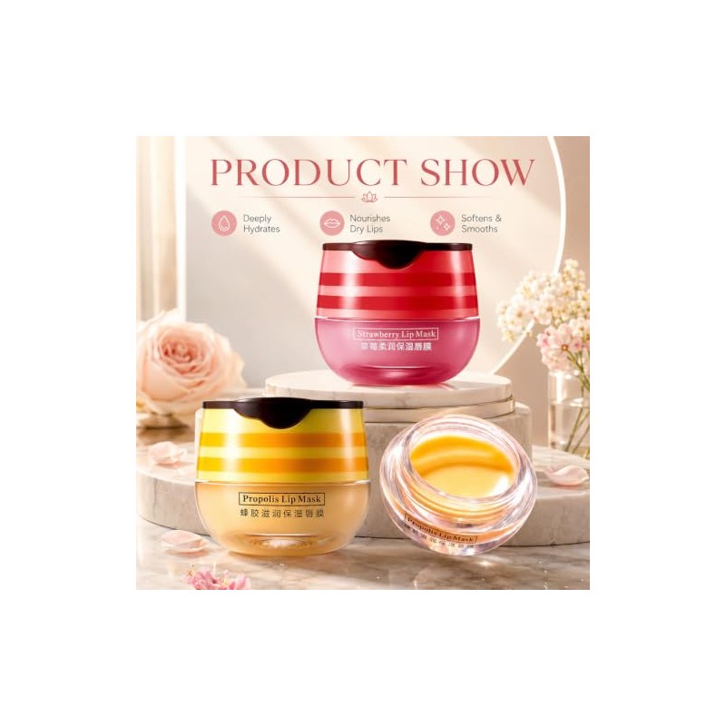 Strawberry & Honey Lip Mask Set with Applicator Brush, Vitamin
