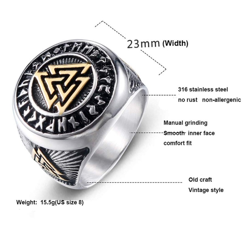 PikaLF Triple Valknut Ring With Rune Circle Symbol, Odin Symbol