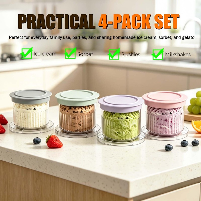 4 Pack Ice Cream Pints Containers 8oz, BPA-Free & Dishwasher