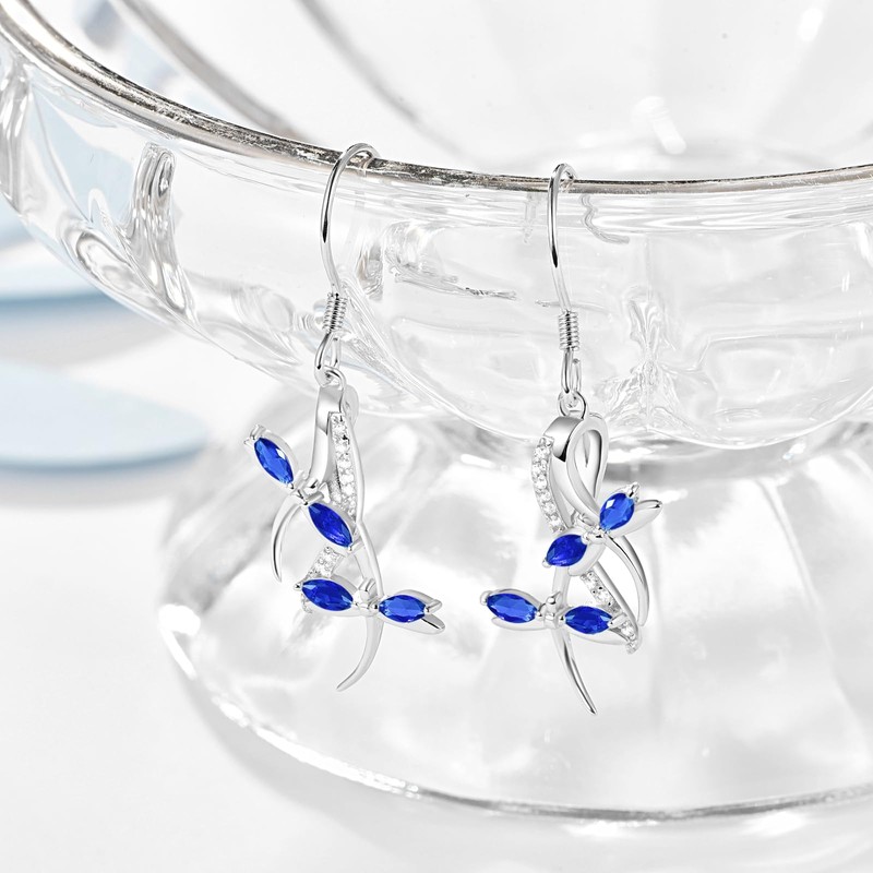 Blue Sapphire Leverback Dangle September Earrings Dragonfly Fish Hook Earring