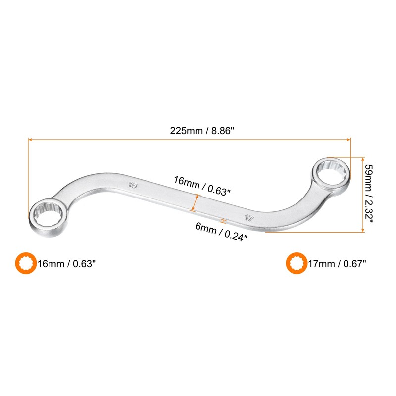 HARFINGTON S-Style Box Wrench Metric 16mm x 17mm 12-Point CR-V