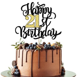Leetaivie - Decoración para tartas de cumpleaños número 21, decoración para tartas de cumpleaños con purpurina y oro negro, suministros para decoración de fiesta de cumpleaños número 21
