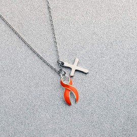 CHOORO Orange Awareness Ribbon Charm Cross Necklace Orange Awareness Ribbon Survivor Gift Leukemia Awareness Jewelry Leukemia Warrior Gift (Orange Awareness Ribbon Cross necklace) (orange Cross ribbon)