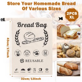 Dualshine 2 Pack Reusable Bread Bag for Homemade Bread, XL Sourdough Bread Bags Cotton Bags for Bread, Bread Storage for Homemade Bread, Sourdough Storage Bag(13x17inch)