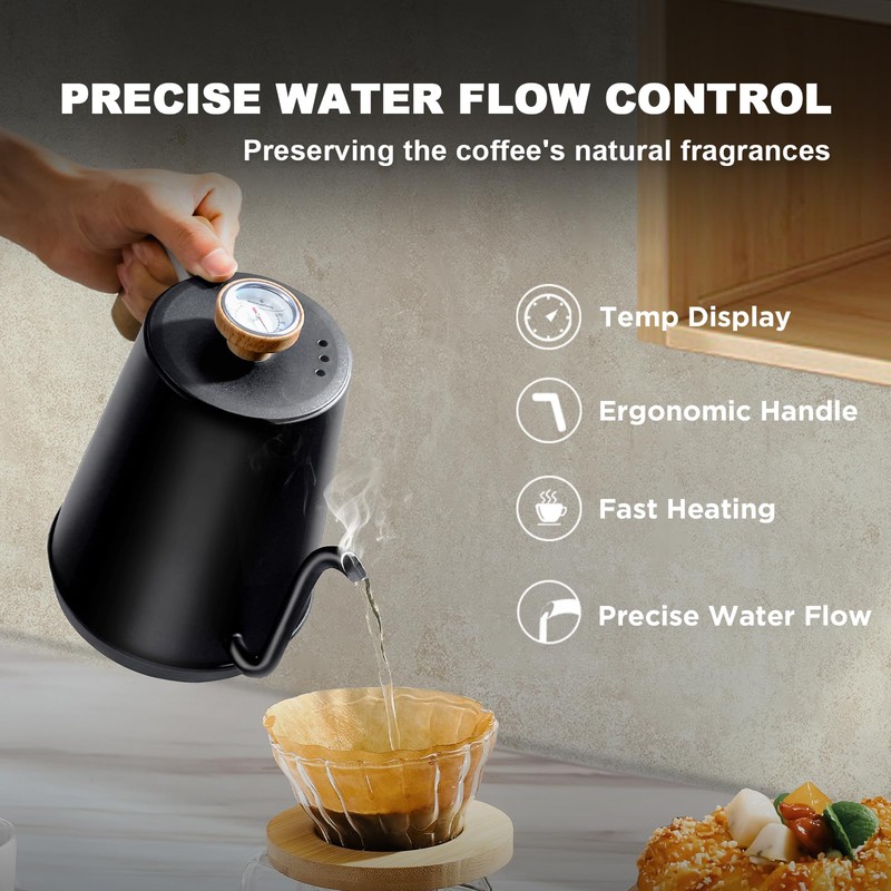 Nueve&Five Gooseneck Electric Kettle with Thermometer， Black Electric Kettle 1L