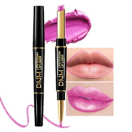 HHLTOH Vivid Fuchsia Metallic Shine Shimmer Lip Liner and Lipstick Combo Set Kit for Women, DNM Lightweight Hydrating Formula High Impact Full Coverage Lipstick and Lip Liner Makeup Stains Gloss, 19#