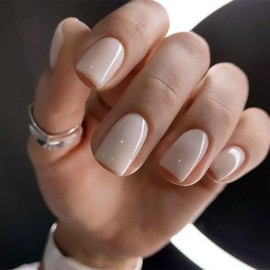 Modelones 32Pcs Peach Pink Press on Nails, Upgrade Short Square Fake Nails, Reusable Nail Kit with Nail Glue Adhesive Tabs Mini Nail File, Nails Press Ons 16 Sizes