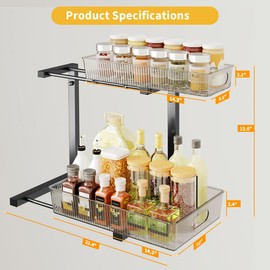 fluxode Under Sink Organizer, Under Sink Organizers and Storage with Adjustable Height and PET Basket, Pull Out Under Cabinet Organizer for Counter Kitchen, Vanity, Laundry, Pantry (2Packs, Black)