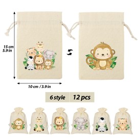 GEBETTER 12 Packs Animal Party Cotton Drawstring Gift Bags Double-Sided Jungle Gift Goodie Bags Safari Treat Bags Drawstring Bags for Boys Girls Baby Shower Baptism Party Supplies