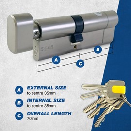 UAP Thumb Turn Euro Cylinder Lock with Anti-Snap & 3 Keys - 1-Star Kitemarked Door Lock Barrel for Home Security - Fire-Rated with Easy-Grip Design for Elderly Use (70mm 35/35) (Nickel)
