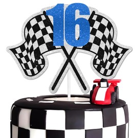 Decoración para tartas de carreras de 16 cumpleaños, con bandera a cuadros, rápida, decoración de coche, fiesta de cumpleaños para niños y niñas, decoración de fiesta temática de carreras, gran regalo