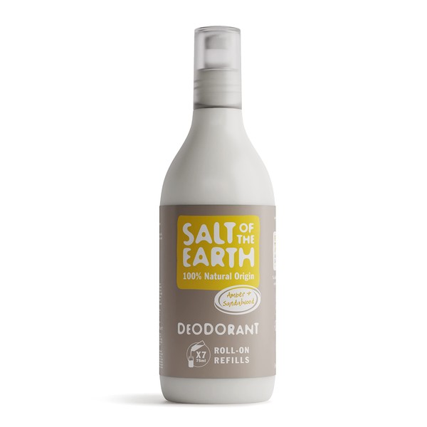 Natural Roll-On Deodorant Refill by Salt of the Earth, Amber & Sandalwood - Vegan, Long Lasting Protection, Leaping Bunny Approved, Made in the UK - 525 ml