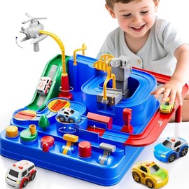 Pista de Carros para Niños, Juguetes Didácticos de Aventuras en Coche con 5 Mini Autos, Juguetes Montessori de Vechiculos y Autopistas, Regalo para Niños 3 4 5 6 7 8 9 10 Años