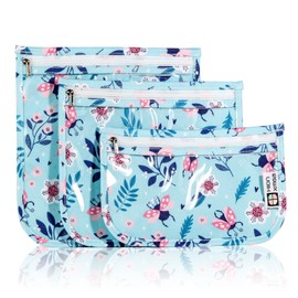 HIONXMGA TSA Approved Toiletry Bag,Set of 3 Clear Travel Toiletry Bags Quart Size Zipper Travel Pouch,Waterproof Travel Makeup Cosmetic Bag for Women Men Toiletries Carry on Airport,Floral World