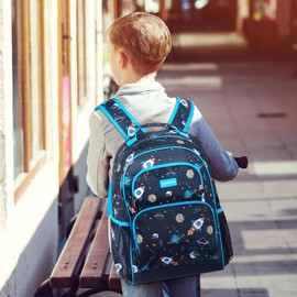 mommore Kids Backpack Set, Lightweight School Backpack for Kids Elementary Bookbag for Students with Chest Strap,3pcs (Black-blue, Large)