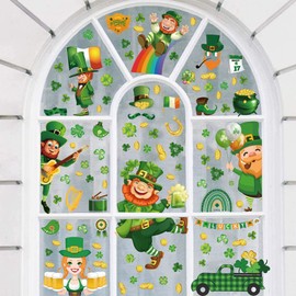 St Patrick's Day Window Clings Stickers Lucky Shamrock Clover Gnome Decals 175 PCS Window Decals Double-Sided Stickers for St Patrick's Day Party Wall Window Glass Door Decoration