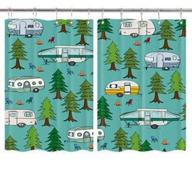 Happy Camper Kitchen Curtains, Camper Curtains Retro RV Camper Travel Trailers Forest Kitchen Window Curtain with Hooks Camper Curtains for Travel Trailers Window for Kitchen Decor 55 W X 39 L Inch