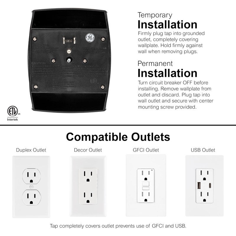 GE 6-Outlet Extender Wall Tap, Grounded Adapter, Outlet Splitter, Charging