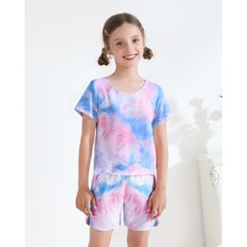 DISAUR Girls Short Sets 2 Piece Tie Dye Cute Outfits for Girls T-Shirt and Shorts Set with Side Pockets 7-8 Years for Outdoor Adventures