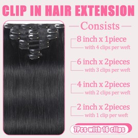 Clip in Hair Extensions, 7Pcs 18 Inch Straight Human Hair Extensions, #1 Jet Black Extensions Real Human Hair, 95g Double Weft Invisible Seamless Real Hair Extensions Clip in Human Hair