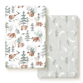 Stretchy Ultra Soft Jersey Knit Fitted Pack and Play Sheets Set 2 Pack, Portable/Mini Crib Sheets Safe and Snug Fitted for Boys and Girls, Cute Bear and Wolf Pattern