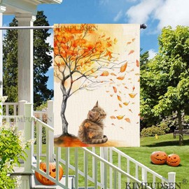 Fall House Flag 28x40 Inch Double Sided Cute Cat and Autumn Leaves Burlap Yard Flag for Outdoor Thanksgiving Harvest and Seasonal Decoration