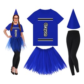 Mepase Crayon Costume Set Crayon T Shirt Tutu Skirt Gnome Cone Hat Leggings for Women Teacher(Blue,M)