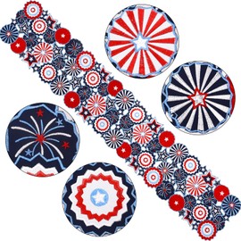 Simhomsen Embroidered Patriotic July 4th Table Runner, Red White Blue Stars and Pinwheels Design, Decorative Scalloped Edge (13 x 34 inches)