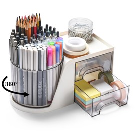 GGIANTGO Rotating Desk Organizer with 2 Drawer, Pencil Pen Holder for Desk, Desk Organizers and Accessories with 4 Compartments + Drawer for Office Home Art Supplies (White)