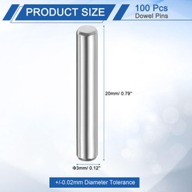 sourcing map 100 Pcs 3mm x 20mm Dowel Pins Bearing Steel Cylindrical Dowel Pins Shelf Support Peg Pin Rod Fasten Elements Metal Shelf Pegs +/-0.02mm Diameter Tolerance, Silver Tone