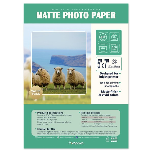 Pikapoka 5x7 Matte Photo Paper for Inkjet and Laser Printer,
