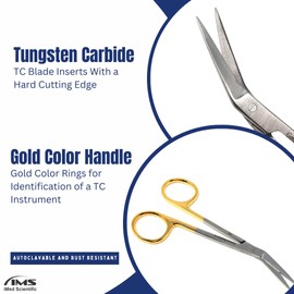 Tungsten Carbide TC Micro IRIS Scissors Sharp/Sharp Blades for Fine Precision Dissecting 4.5" Stainless Steel Shears Gold Finger Ring Handle (Angled Blades)