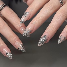 24Pcs French Tip Press on Nails Medium Almond Fake Nails Irregular 3D Silver Glue on Nails Nude Pink Full Cover Artificial Acrylic Nails Silver Flower False Nails Glossy Stick on Nails for Women