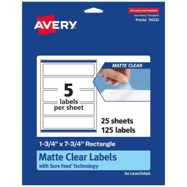 Avery Matte Clear Rectangle Labels, Sure Feed Technology, 1.75" x