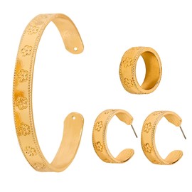 Cuff Bangle Bracelets for Women, Flowers Stud Earrings, Flower Ring, Gold Four-Leaf Clover Bangles, Gold/Silver Open Bracelet, Flowers Jewellery Set for Women Girls (Gold 1)