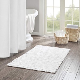 Madison Park Lasso 100% Cotton Chenille Chain Woven Stitch Bathroom Rug - Non Slip - Absorbent, Quick Dry Bath Mat, 24x40, White