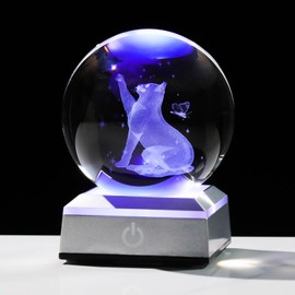 80mm 3D Crystal Glass Ball Engraved Cat and Butterfly Figurine Ornaments with LED Base, Cat Themed Gifts for Cat Lovers Women Friends